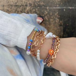Set: Flower Bead / Faux Pearl / Alloy Bracelet 2324 - Gold - One Size