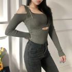 Long-sleeve Cutout Top Army Green - One Size