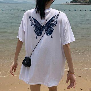 Short-sleeve Butterfly Print Back T-shirt White - One Size