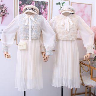 Set: Ribbon-neckline Chiffon Dress + M Lange Vest