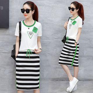 Set: Applique T-shirt + Striped Pencil Skirt