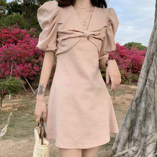 Short-sleeve V-neck Bow-front Mini A-line Dress