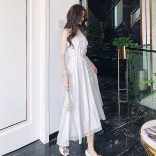 Plain Pleated Bow A-line Dress