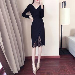Long-sleeve V-neck Lace Panel Knit Dress