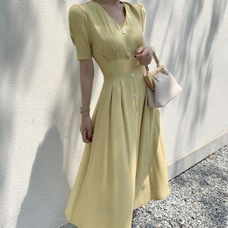 Buttoned Short-sleeve Maxi A-line Dress