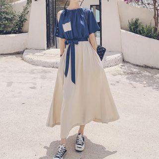 Mock Two-piece Short-sleeve Cold-shoulder Midi A-line Dress