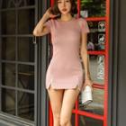 Zip Detail Short-sleeve Mini Sheath Dress Pink - One Size