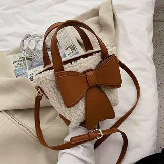 Fleece Bow Mini Crossbody Bucket Bag