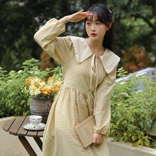Long-sleeve Plaid Midi Dress / Sweater Vest