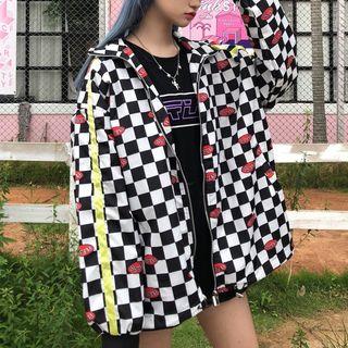 Oversized Print Check Zip Jacket