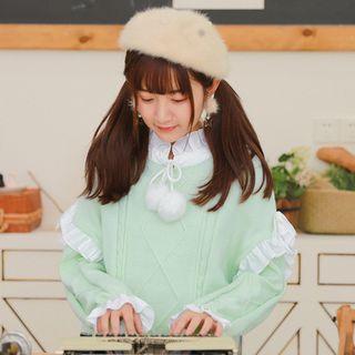 Frill Trim Cable-knit Sweater Light Green - L