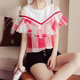 Open Shoulder Frilled Short-sleeve T-shirt