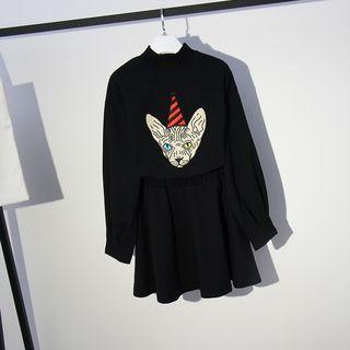 Set: Mock-neck Embroidered Pullover + High Waist A-line Skirt