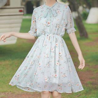 Short-sleeve Tie-neck Flower Print A-line Chiffon Dress