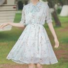 Short-sleeve Tie-neck Flower Print A-line Chiffon Dress