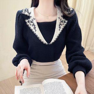 Embroidery-collar Rib-knit Top
