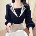 Embroidery-collar Rib-knit Top