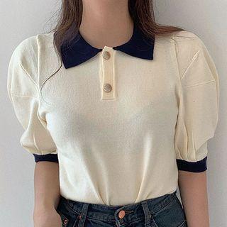 Puff-sleeve Contrast Trim Knit Polo Shirt As Shown In Figure - One Size