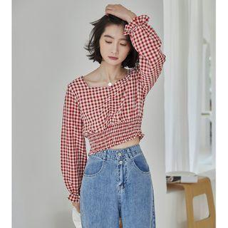 Gingham Long-sleeve Square-neck Shirred Cropped Blouse