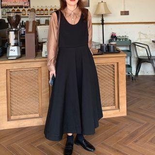 Plain Long-sleeve Shirt / U-neck Midi Tank Dress