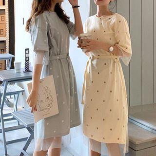 Mock Two-piece Polka Dot Short-sleeve Panel Mesh Dress