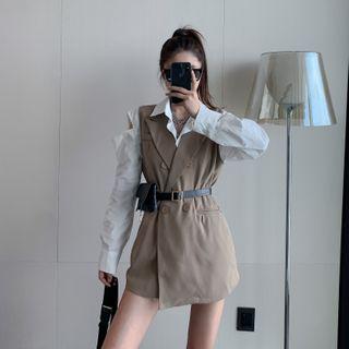Long-sleeve Cutout Plain Shirt / Double Breasted Sleeveless Jacket