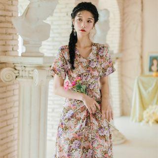 Floral Short-sleeve Shirred Midi A-line Dress