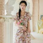 Floral Short-sleeve Shirred Midi A-line Dress