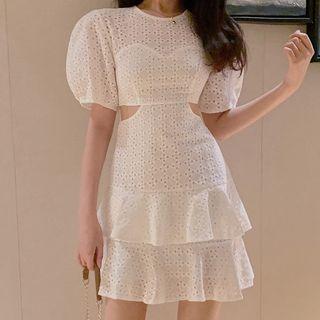 Eyelet Lace Cut-out Puff-sleeve Mini A-line Dress