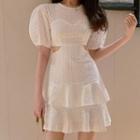 Eyelet Lace Cut-out Puff-sleeve Mini A-line Dress
