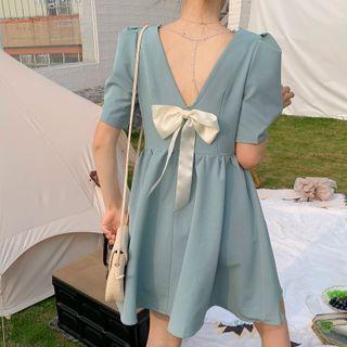 Puff-sleeve Drawstring Open Back Dress