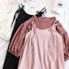 Plain Puff-sleeve Top / Sleeveless Jumpsuit