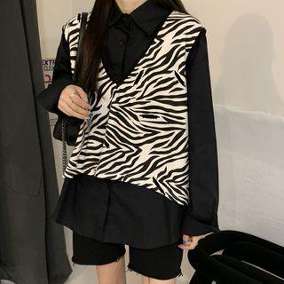 Long-sleeve Plain Shirt / Zebra Print Vest