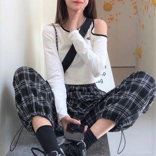 Long-sleeve Cutout-shoulder Cropped T-shirt / Plaid Harem Pants