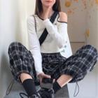 Long-sleeve Cutout-shoulder Cropped T-shirt / Plaid Harem Pants