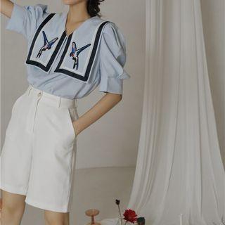Puff-sleeve Crane Embroidered Blouse