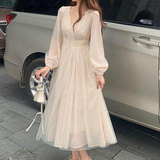 V-neck Mesh Midi A-line Dress