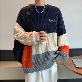 Long-sleeve Color Block Letter Embroidered Sweater