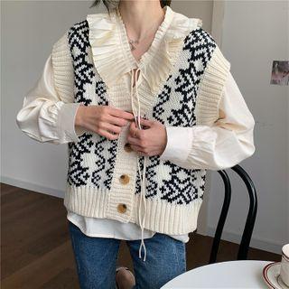Puff-sleeve Blouse / Patterned Knit Vest