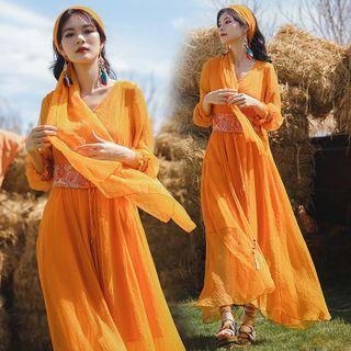 Set: Long-sleeve Embroidered Midi A-line Dress + Shawl