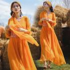 Set: Long-sleeve Embroidered Midi A-line Dress + Shawl