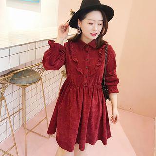 Frill Trim Long-sleeve Corduroy Dress