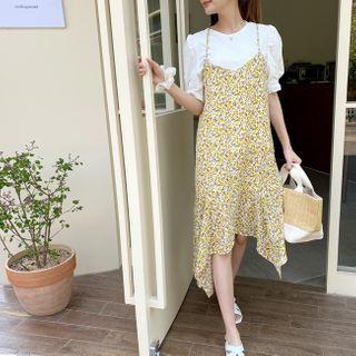 Set: Puff-sleeve Top + Floral Print Pinafore Dress Yellow - One Size