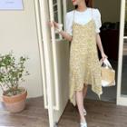 Set: Puff-sleeve Top + Floral Print Pinafore Dress Yellow - One Size