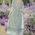 Short-sleeve Floral Mesh Midi A-line Dress