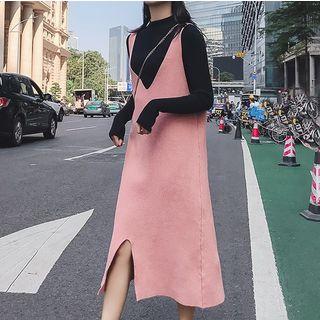 Set: Long-sleeve Knit Top + V-neck Midi Knit Pinafore Dress
