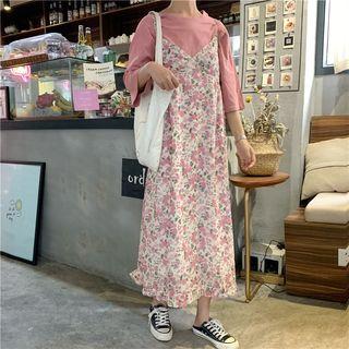 Elbow-sleeve T-shirt / Spaghetti Strap Midi Floral Dress