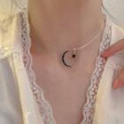 Moon & Star Rhinestone Pendant Sterling Silver Necklace Crescent & Star - Black - One Size