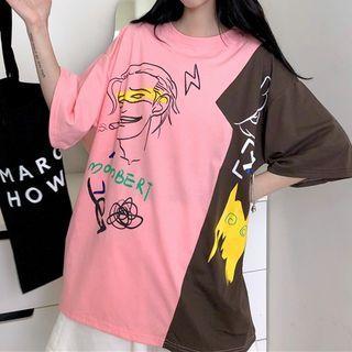 Elbow-sleeve Print Color Block T-shirt