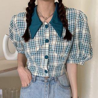 Puff-sleeve Plaid Wide-collar Shirt